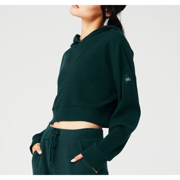 Alo Muse Hoodie Midnight Green Ribbed Hooded Pullover Sweatshirt Hood Sweater L - Picture 4 of 11